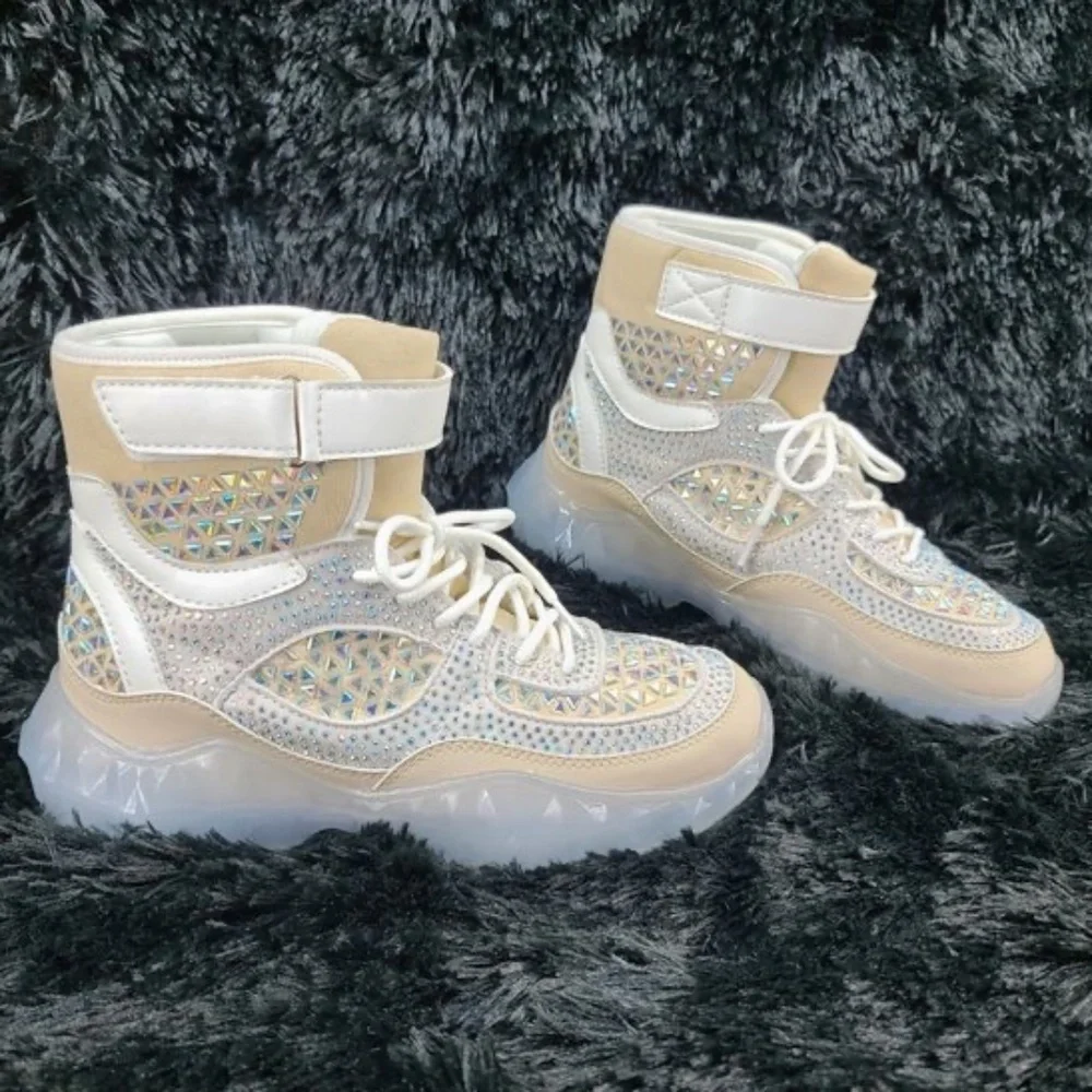 Cape Robbin Cream & Tan Iridescent Rhinestone Beaded Design High Top Sneakers